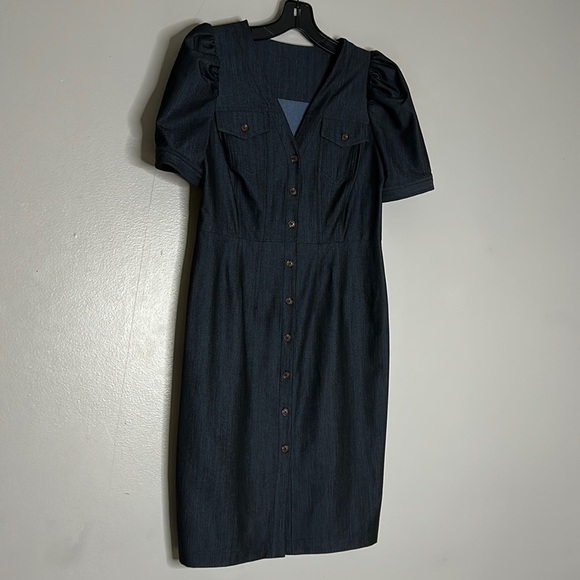 Calvin Klein Denim chambray Puff-sleeve Sheath Dress In Blue medium - Picture 2 of 7
